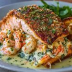 Crab and shrimp stuffed salmon topped with a crispy herb crust, filled with creamy spinach and seafood, served with garlic butter sauce, salad, and mashed potatoes.