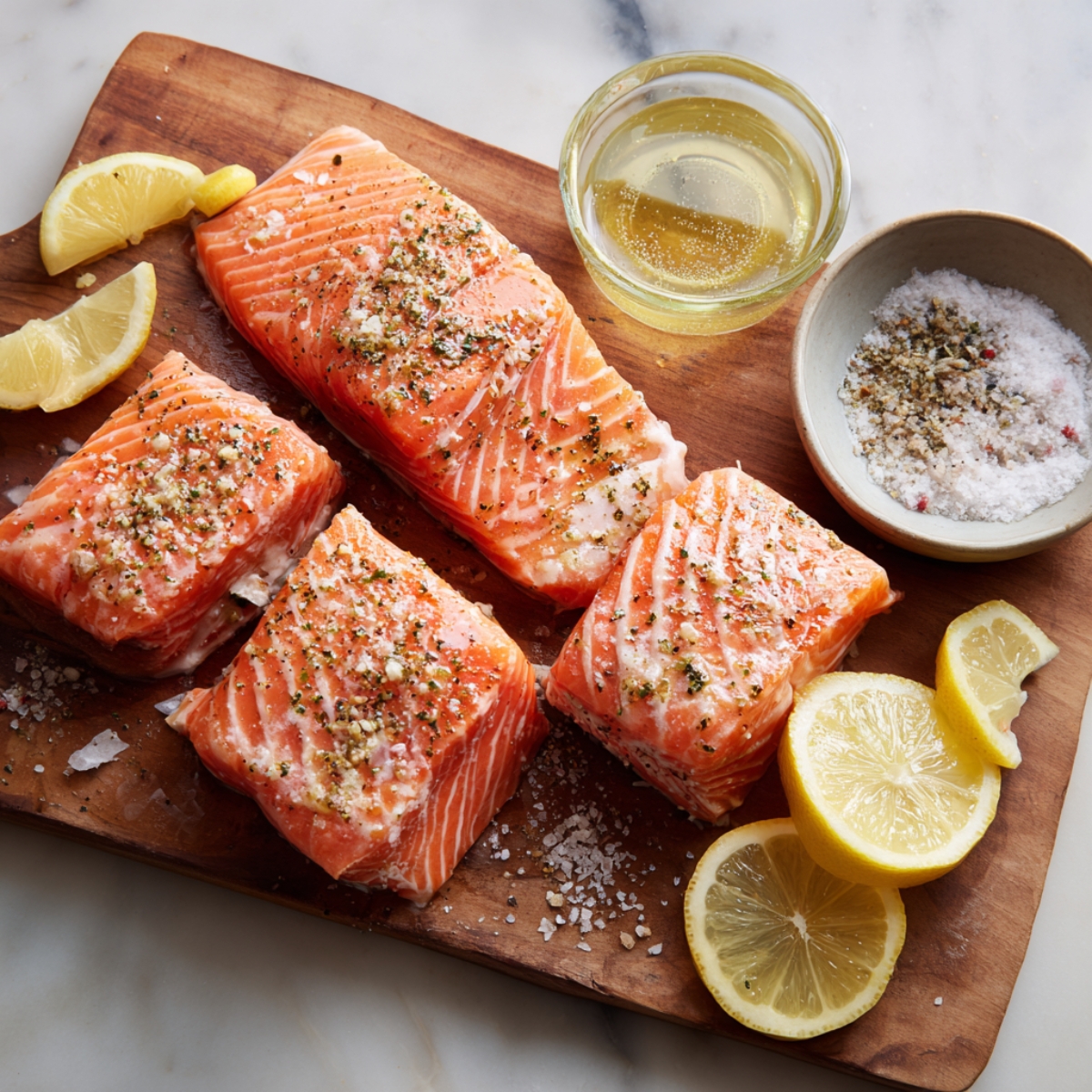 Raw salmon fillets on a wooden board, seasoned with salt, pepper, and herbs, surrounded by lemon slices, a bowl of oil or butter, and a small dish of seasoning, ready for stuffing and baking.