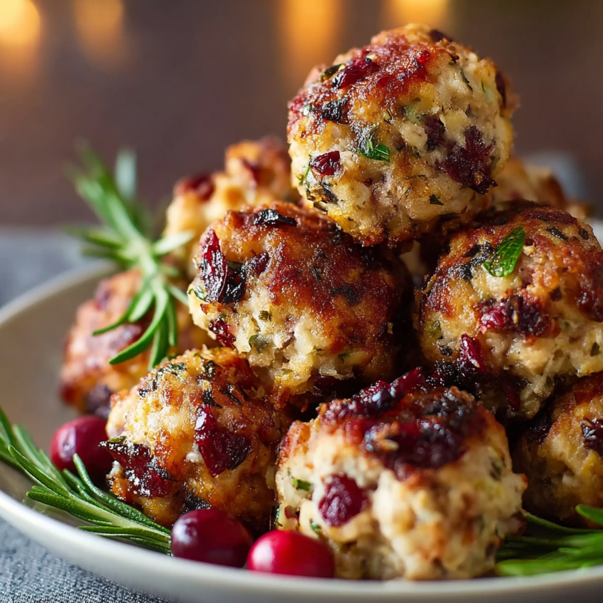 Cranberry Turkey Stuffing Balls on a plate, garnished with rosemary and cranberries, holiday-style.
