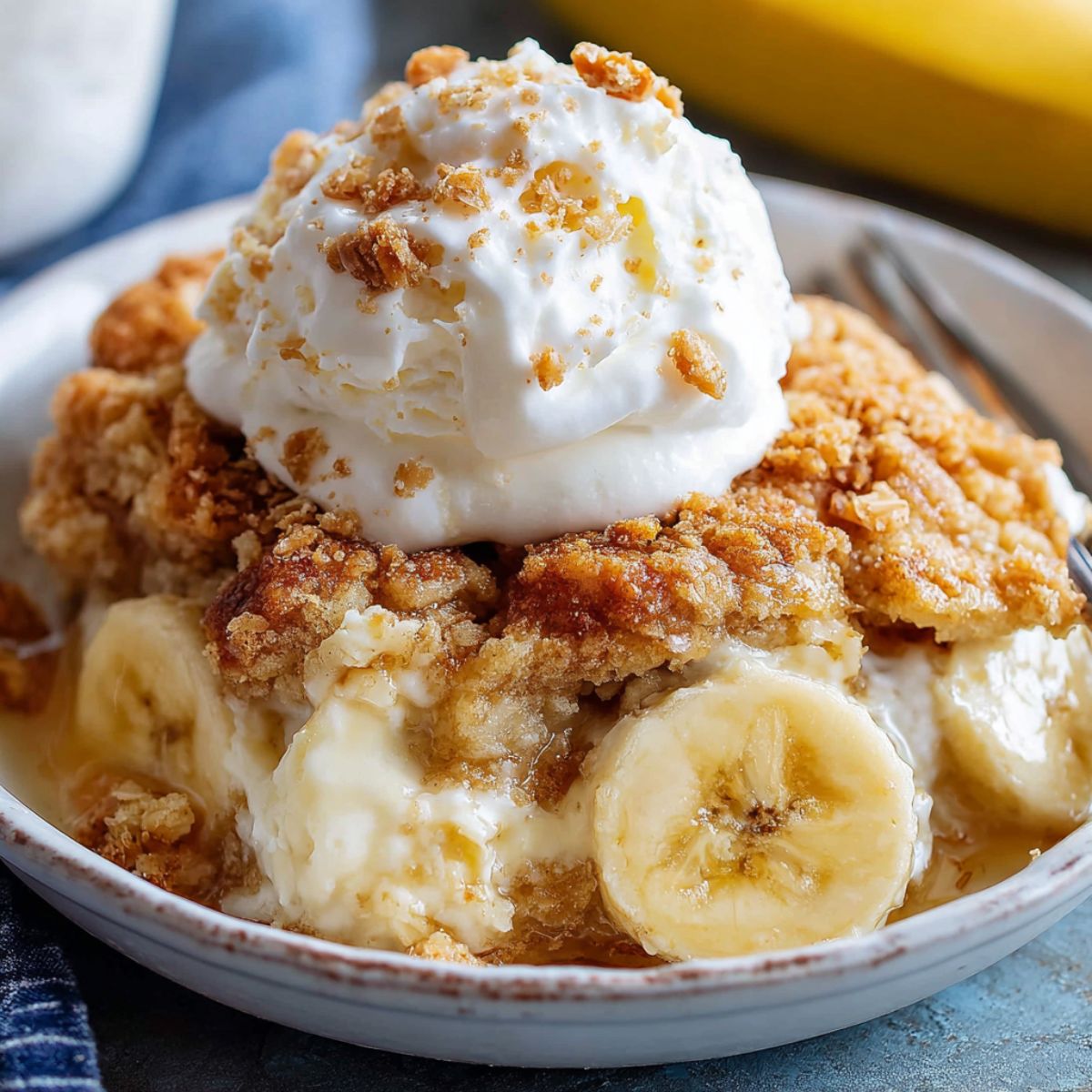 Easy Banana Cobbler Recipe topped with vanilla ice cream and syrup, with visible banana slices and a golden crumb topping. A spoon rests in the bowl, and a whole banana is in the background.