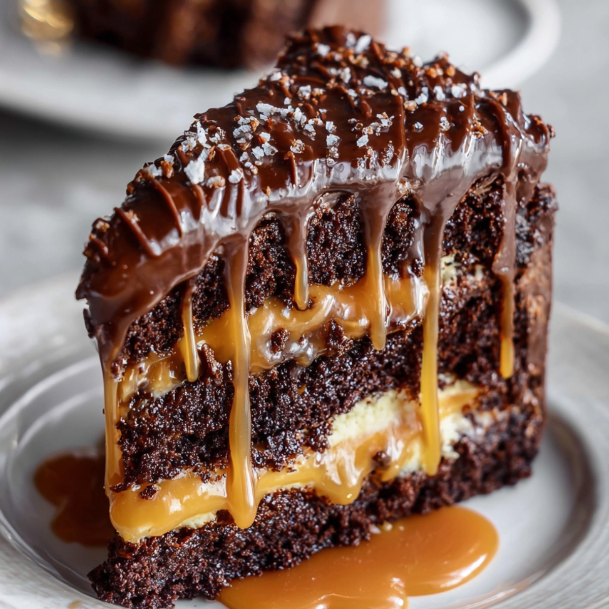 Easy Chocolate Caramel Cake Recipe layered with gooey caramel, topped with glossy ganache and sea salt on a white plate.