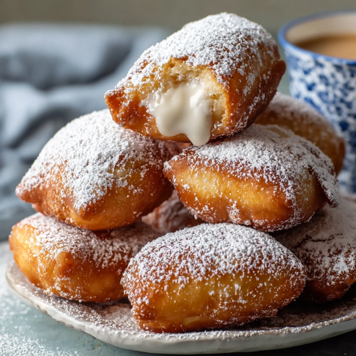 Easy French Beignets Recipe stacked on a plate, dusted with powdered sugar, with one bitten to reveal creamy filling and a coffee cup in the background.