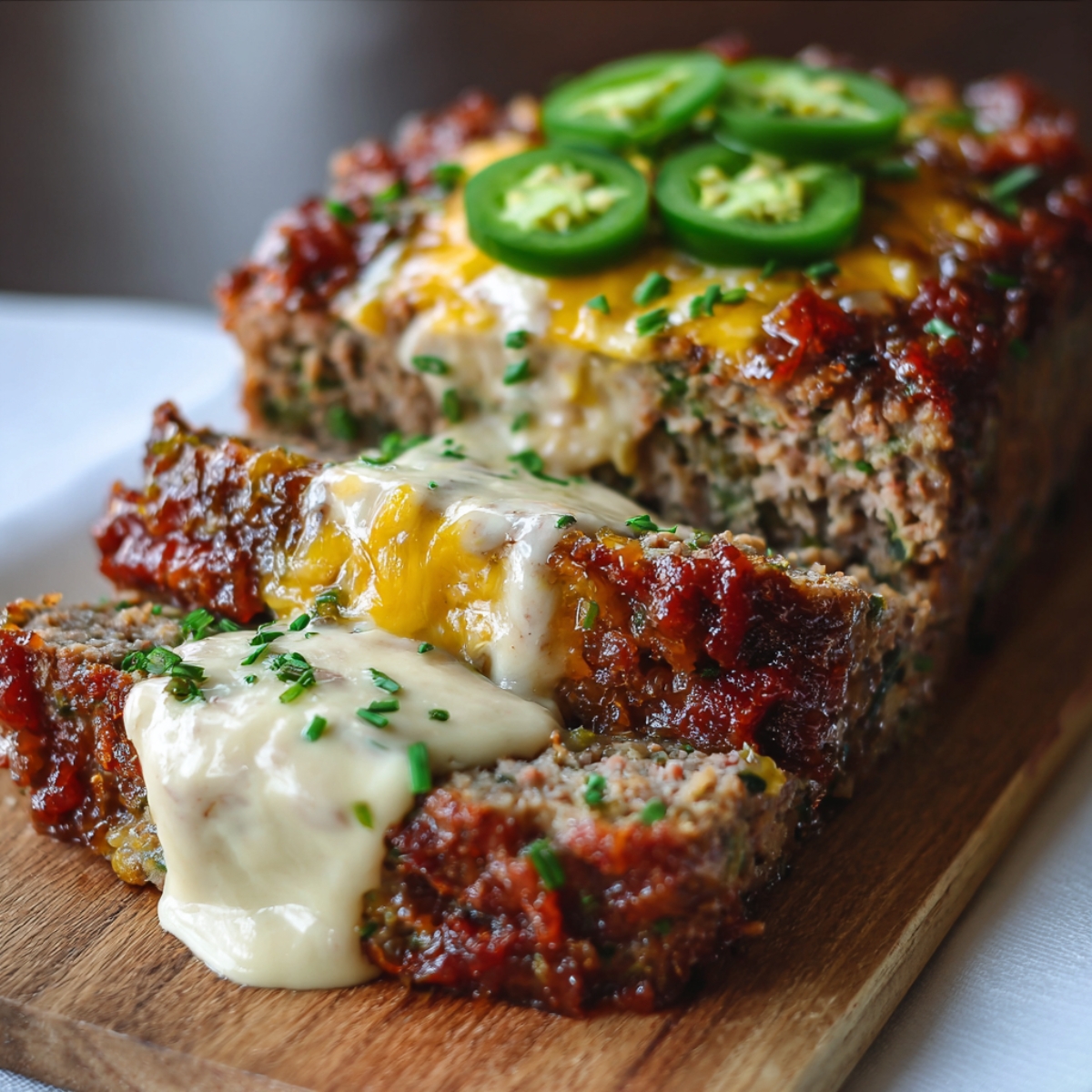 Easy Jalapeño Popper Meatloaf topped with melted cheese, sliced jalapeños, and chopped chives, with creamy cheese sauce oozing beneath, served on a wooden board.