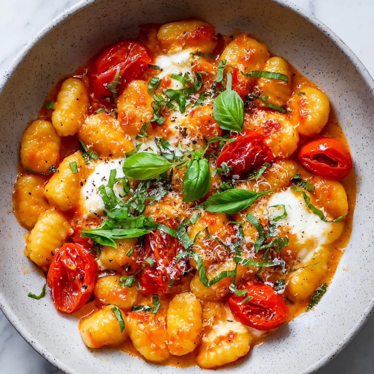 Easy Tomato Gnocchi in a rustic bowl with golden gnocchi, roasted cherry tomatoes, melted mozzarella, fresh basil, and grated Parmesan in rich tomato sauce.