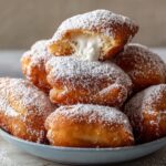French beignets stacked on a plate, dusted with powdered sugar, with one bitten to reveal fluffy cream inside.