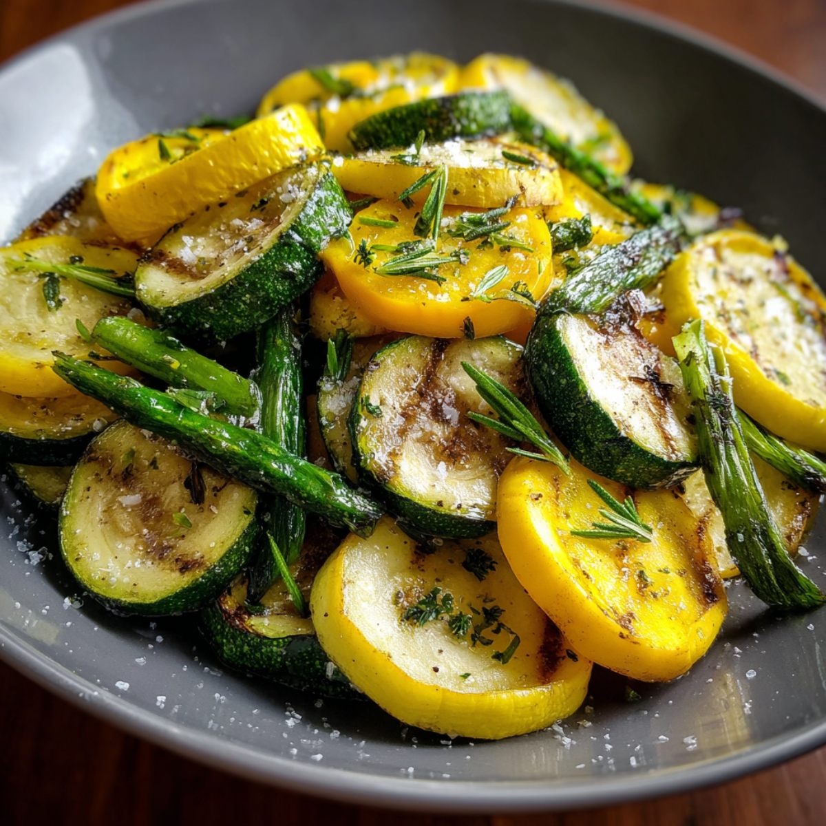 A gray bowl containing roasted slices of green zucchini and yellow squash, topped with a sprinkle of fresh rosemary and salt.