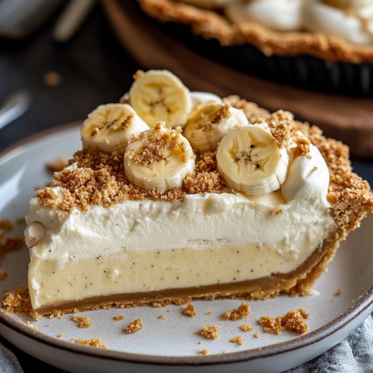 Homemade Banana Cream Pie Recipe with crumb crust, vanilla-speckled custard, whipped cream, banana slices, and crumb topping on a white plate.