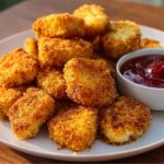 Plate of homemade golden brown chicken nuggets with a crispy breadcrumb coating, stacked on a white plate and served with a small bowl of ketchup for dipping.