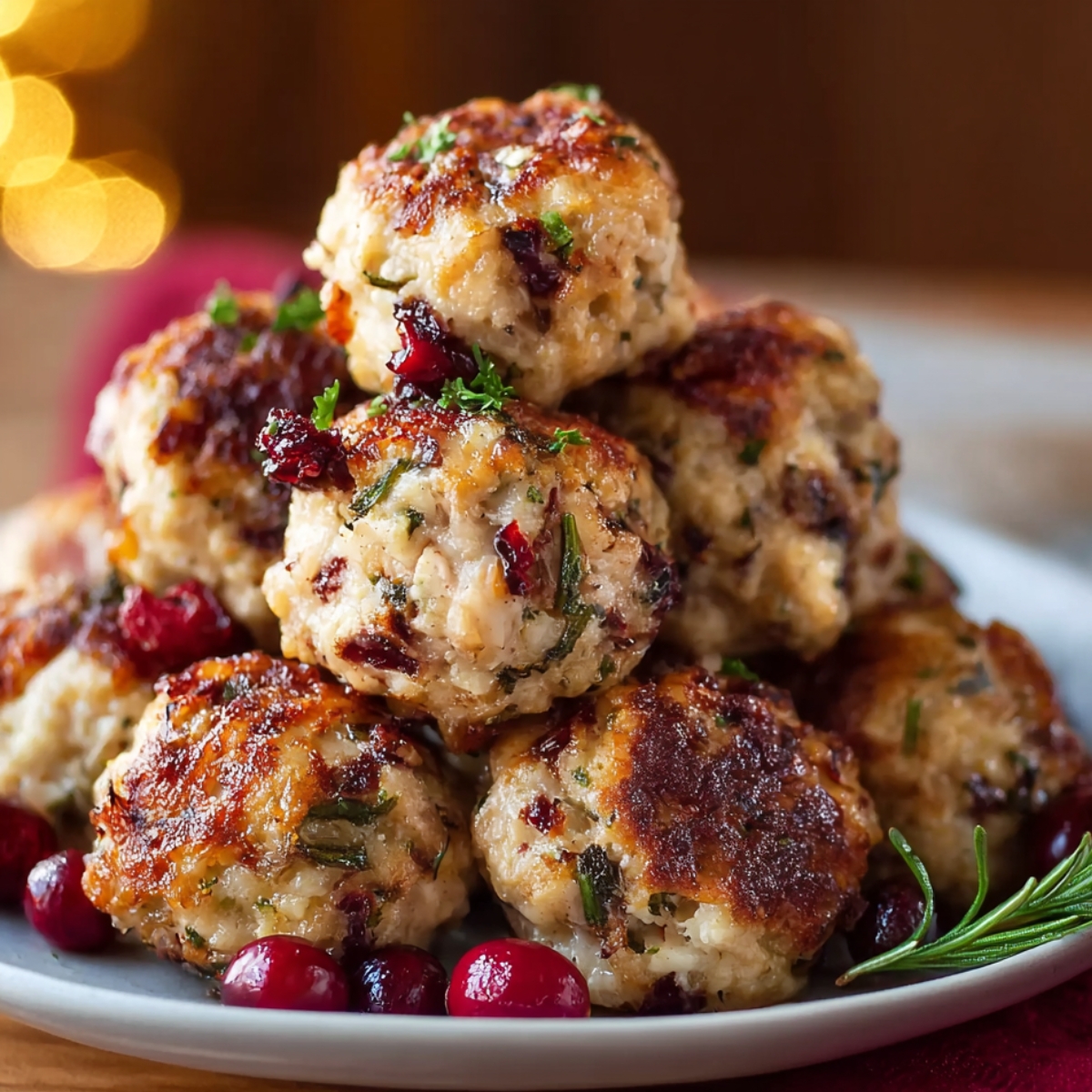 Homemade Cranberry Turkey Stuffing Balls Recipe on a white plate with cranberry sauce and herb garnish.