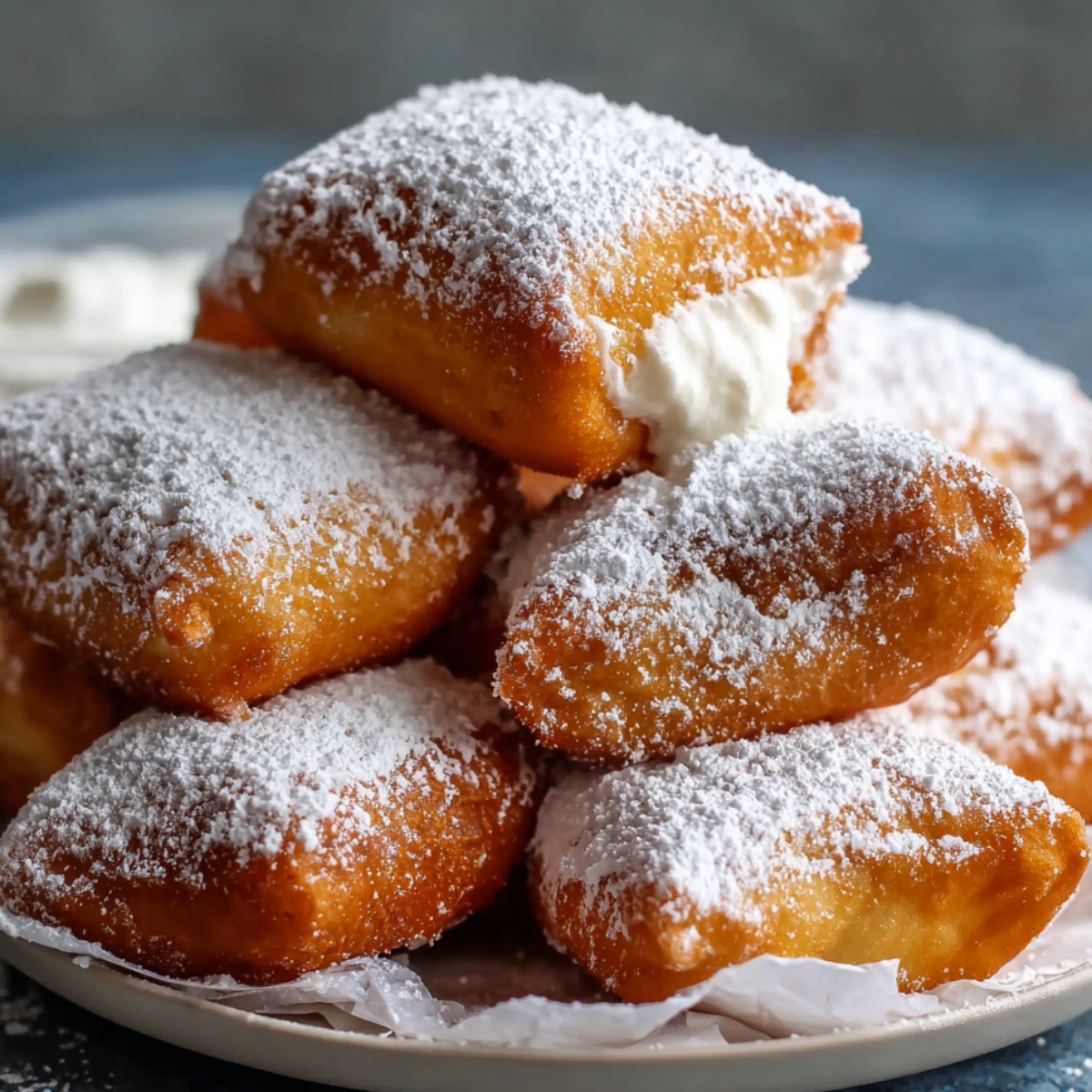 Homemade French Beignets Recipe stacked on a plate, dusted with powdered sugar, with one torn open to reveal a fluffy cream-filled center.