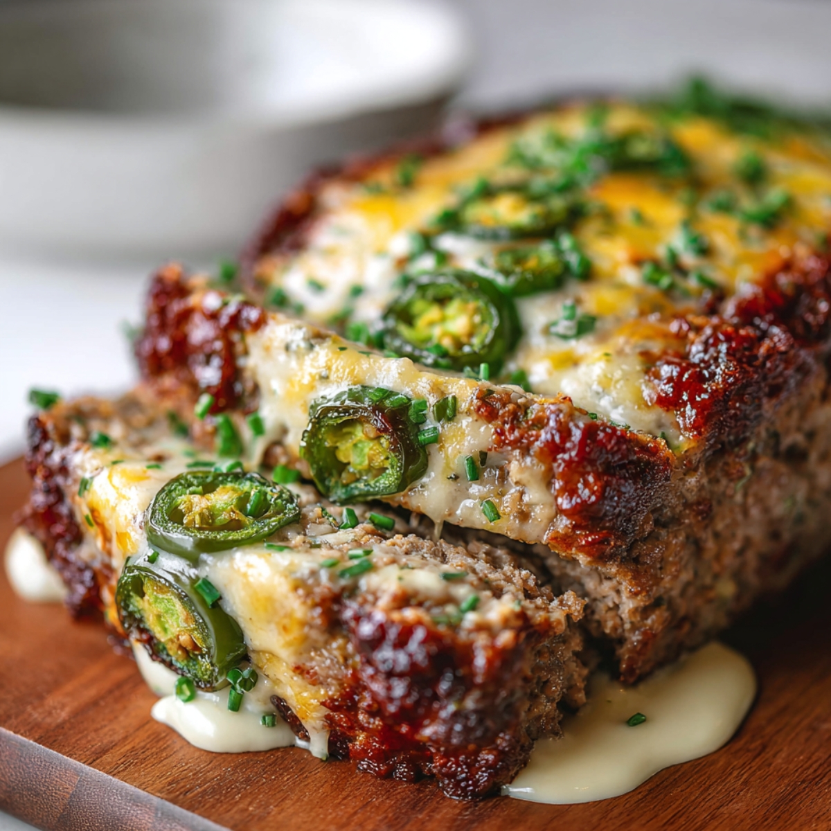 Homemade Jalapeño Popper Meatloaf topped with melted cheddar, fresh jalapeño slices, and chopped chives, with warm cream cheese oozing from the center onto a wooden serving board.