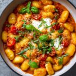 Homemade tomato gnocchi with roasted cherry tomatoes, mozzarella, Parmesan, and fresh basil in a rustic bowl.