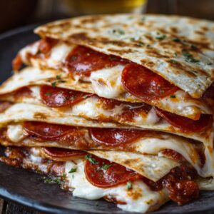 "Close-up of stacked pepperoni pizza quesadillas with melted cheese oozing out, garnished with chopped herbs on a black plate."