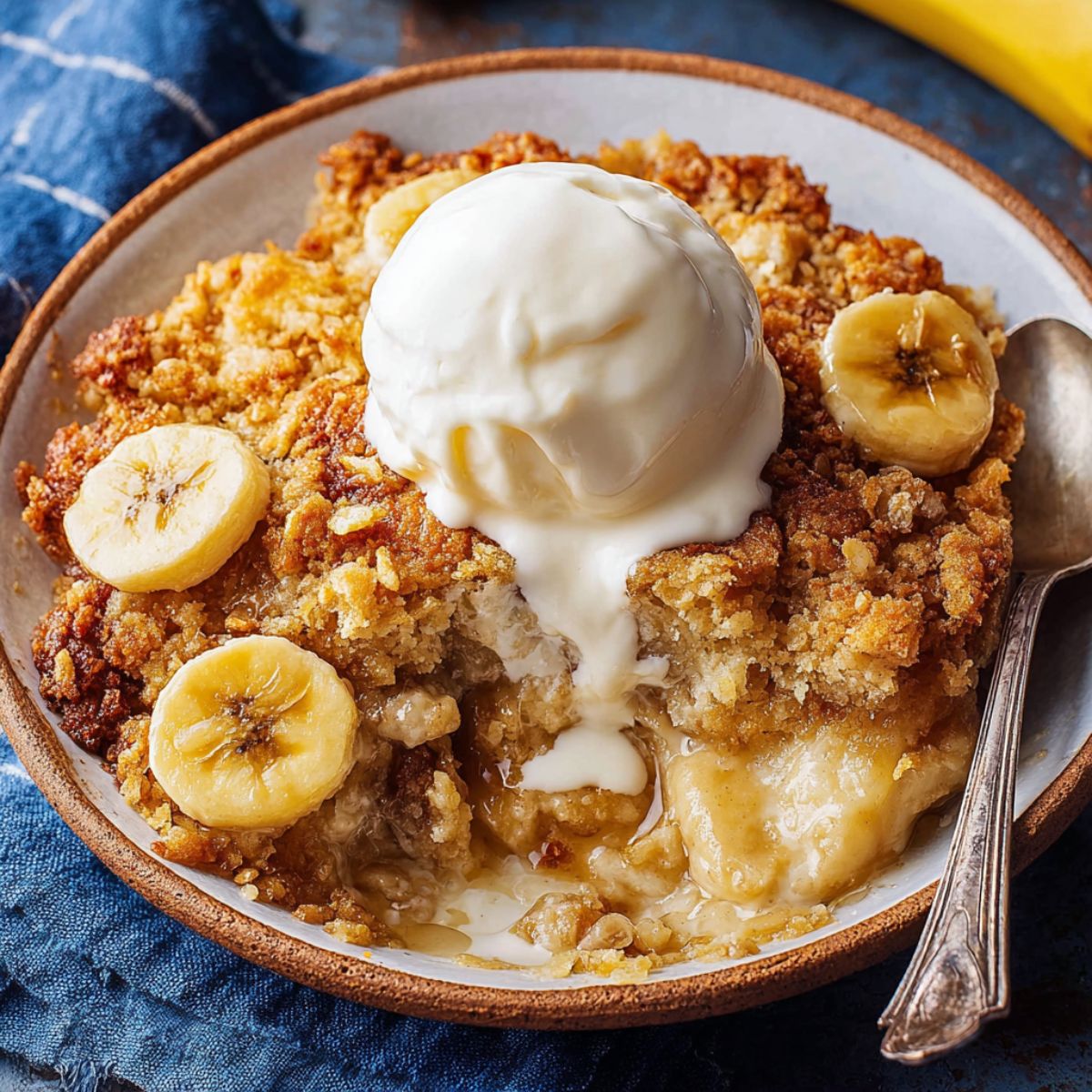 A bowl of homemade banana cobbler topped with vanilla ice cream and syrup, with visible banana slices and a golden crumb topping. A spoon rests in the bowl, and a whole banana is in the background.