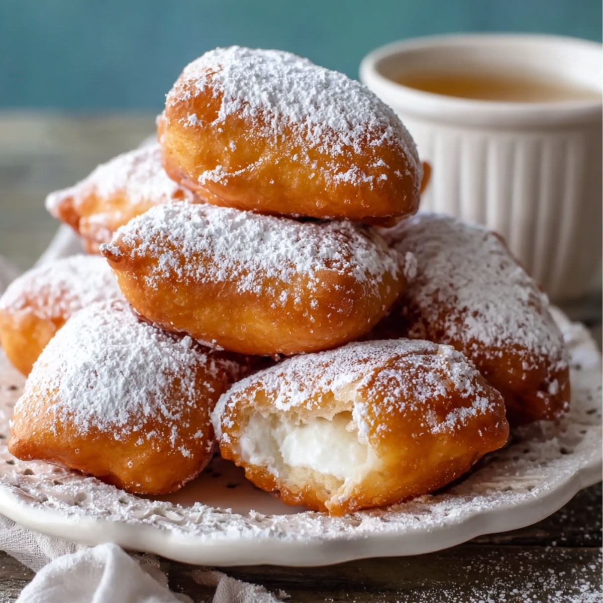 Golden-brown homemade French beignets on a plate, dusted with powdered sugar, with one showing its fluffy center and a cup of coffee in the background.