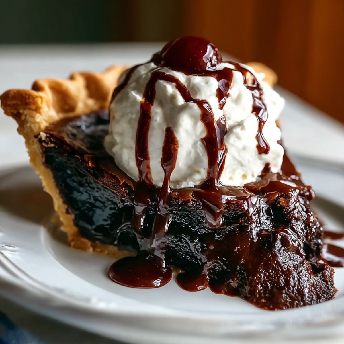 A slice of homemade Hot Fudge Pie with a golden crust, topped with whipped cream, a cherry, and drizzled with chocolate sauce. The rich, gooey chocolate filling is spilling out onto the plate, creating a decadent and inviting look.