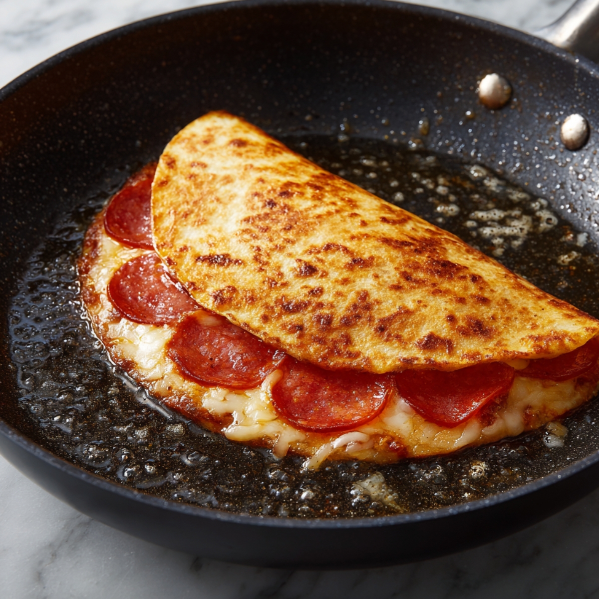 "Close-up of pizza dough spread with thick tomato sauce using a spoon, ready for toppings, placed in a metal pizza pan."