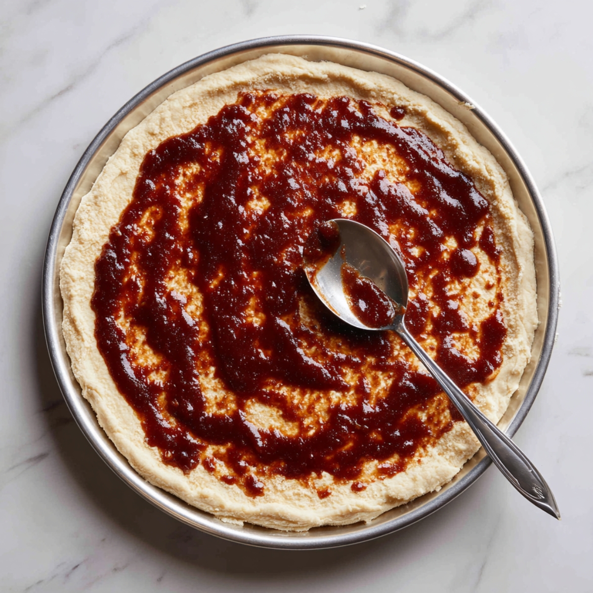 "Pepperoni pizza quesadilla being cooked in a skillet with bubbling butter, showing golden crispy tortilla and melted cheese with visible pepperoni slices."