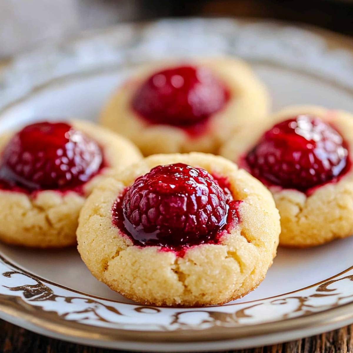 Homemade Raspberry Thumbprint Cookies with golden shortbread, glossy raspberry jam, and whole raspberries on top.