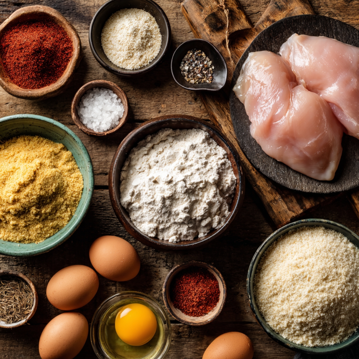 Flat lay of fresh chicken nugget ingredients on a rustic wooden table, including raw chicken breasts, flour, breadcrumbs, eggs, spices, and seasonings arranged neatly in bowls.