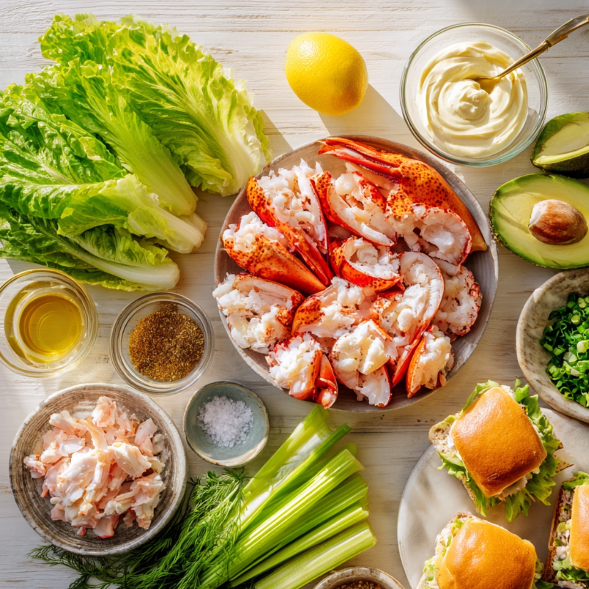 Fresh ingredients for a homemade lobster salad arranged on a white wooden table, including lobster meat in shells, lettuce, avocado halves, mayonnaise, lemon, celery, dill, green onions, olive oil, seasonings, and lobster rolls with lettuce.
