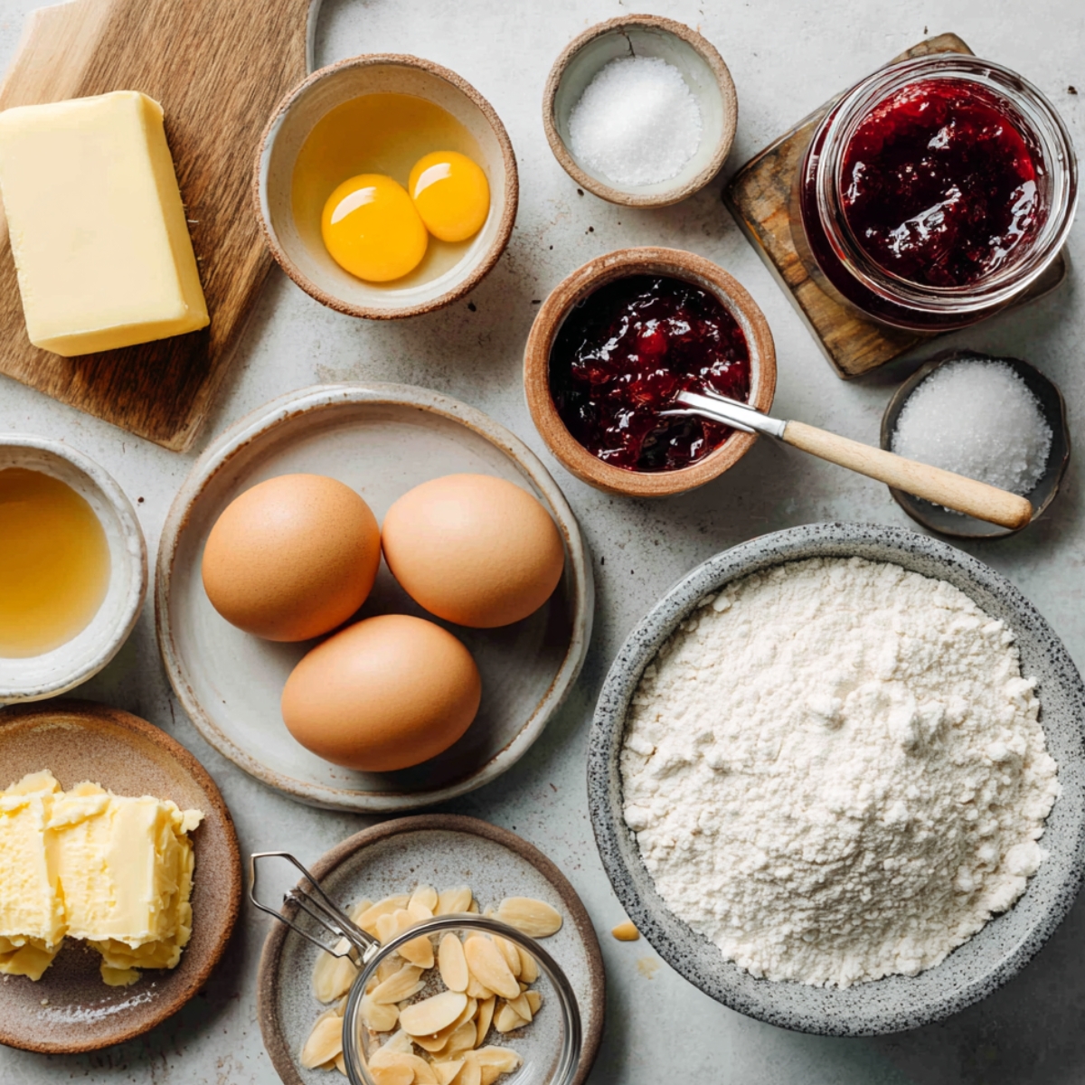 Ingredients for Raspberry Thumbprint Cookies, including flour, butter, eggs, sugar, raspberry jam, vanilla, and sliced almonds, arranged in bowls on a countertop.