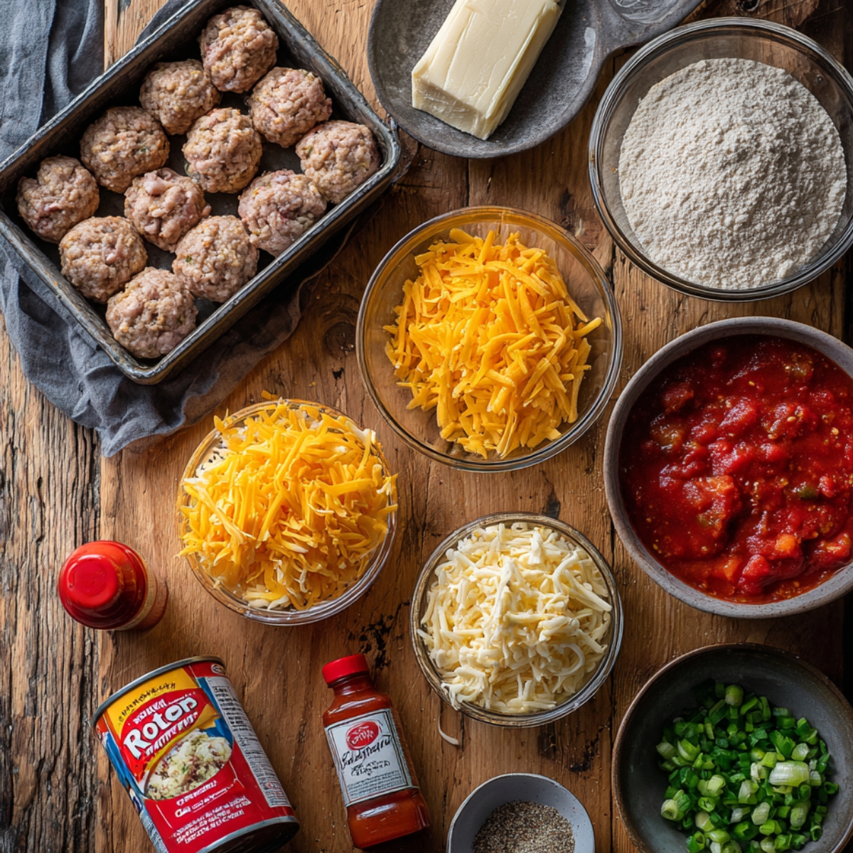 Rotel Cream Cheese Sausage Balls ingredients on a rustic wooden table, including raw sausage balls, shredded cheeses, cream cheese, flour, Rotel, tomatoes, green onions, hot sauce, and black pepper.
