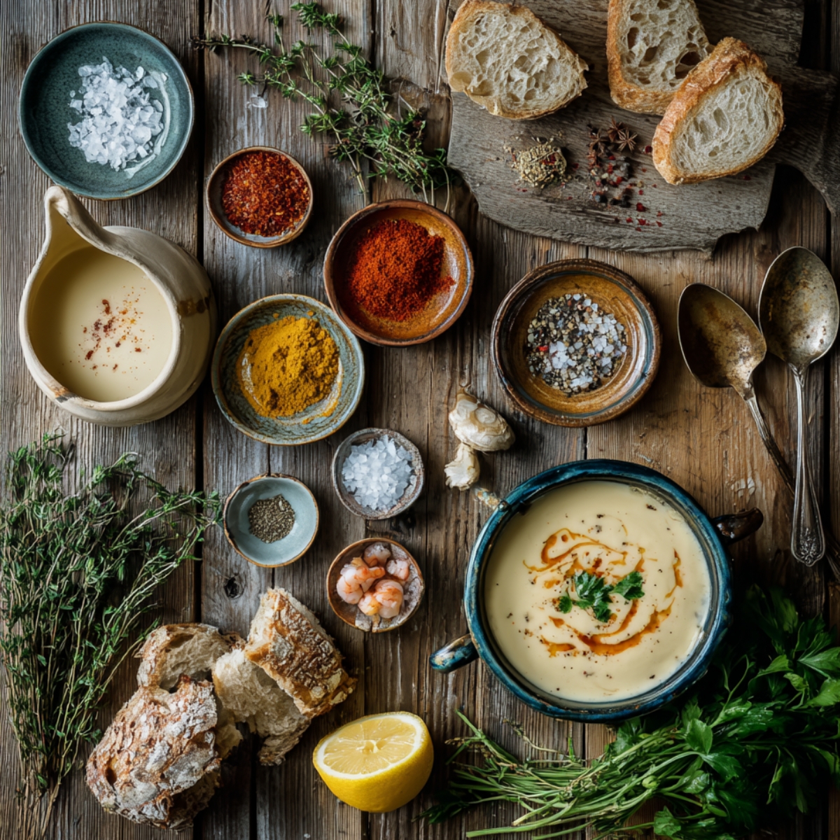 Seafood bisque in a rustic bowl with cream swirl and herbs, surrounded by spices, lemon, shrimp, fresh thyme, parsley, and crusty bread on a wooden table.