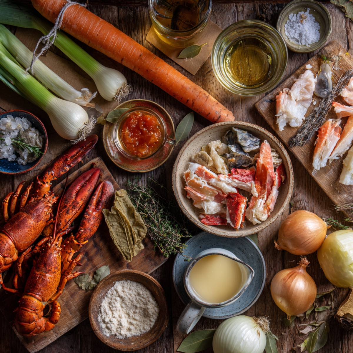 Seafood bisque ingredients on rustic table: whole lobsters, crab pieces, leeks, carrot, onions, tomato paste, cream, white wine, herbs, and seasonings.