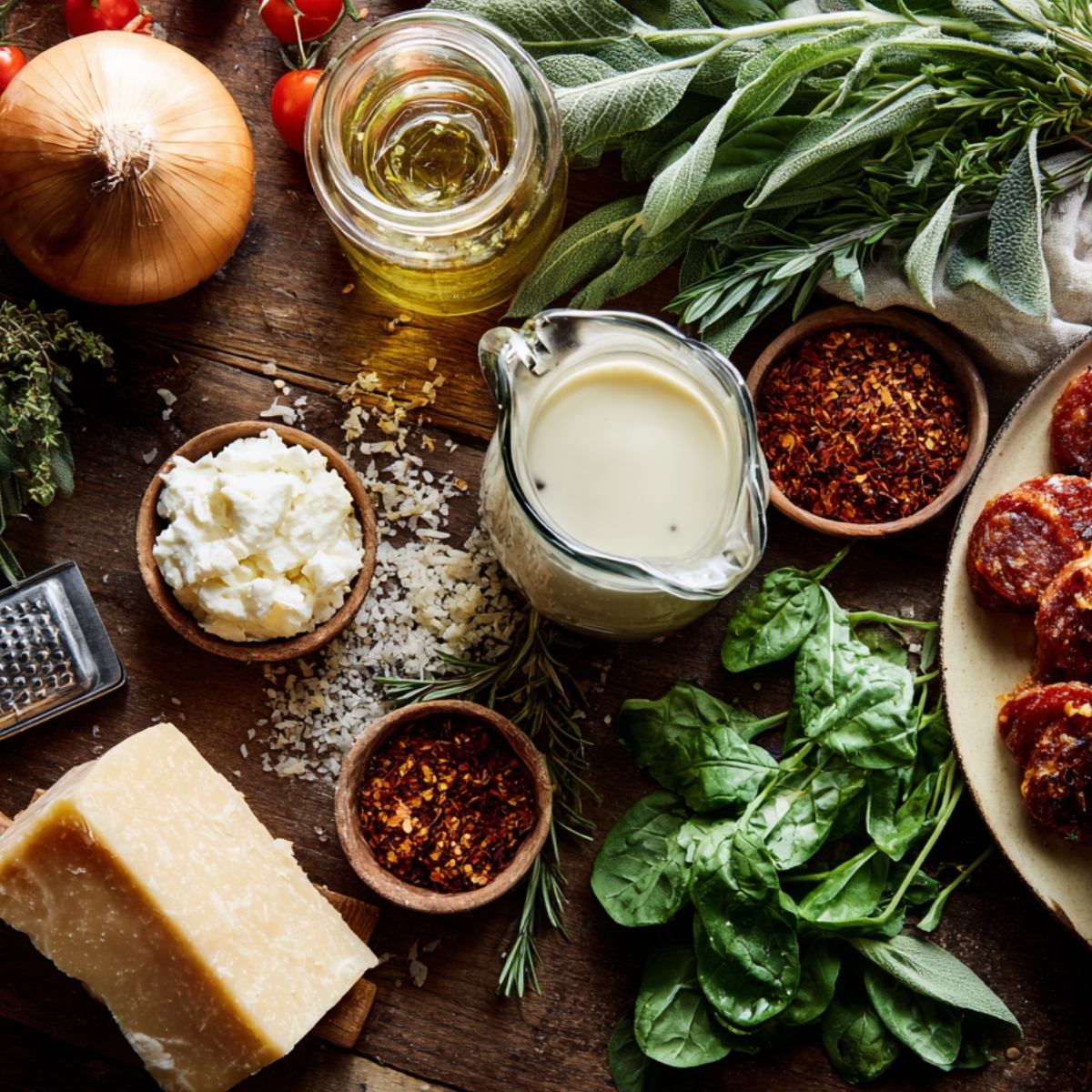 Ingredients for homemade tomato gnocchi with onion, olive oil, cream, ricotta, Parmesan, spinach, herbs, red pepper flakes, and Italian sausage on a rustic wooden table.