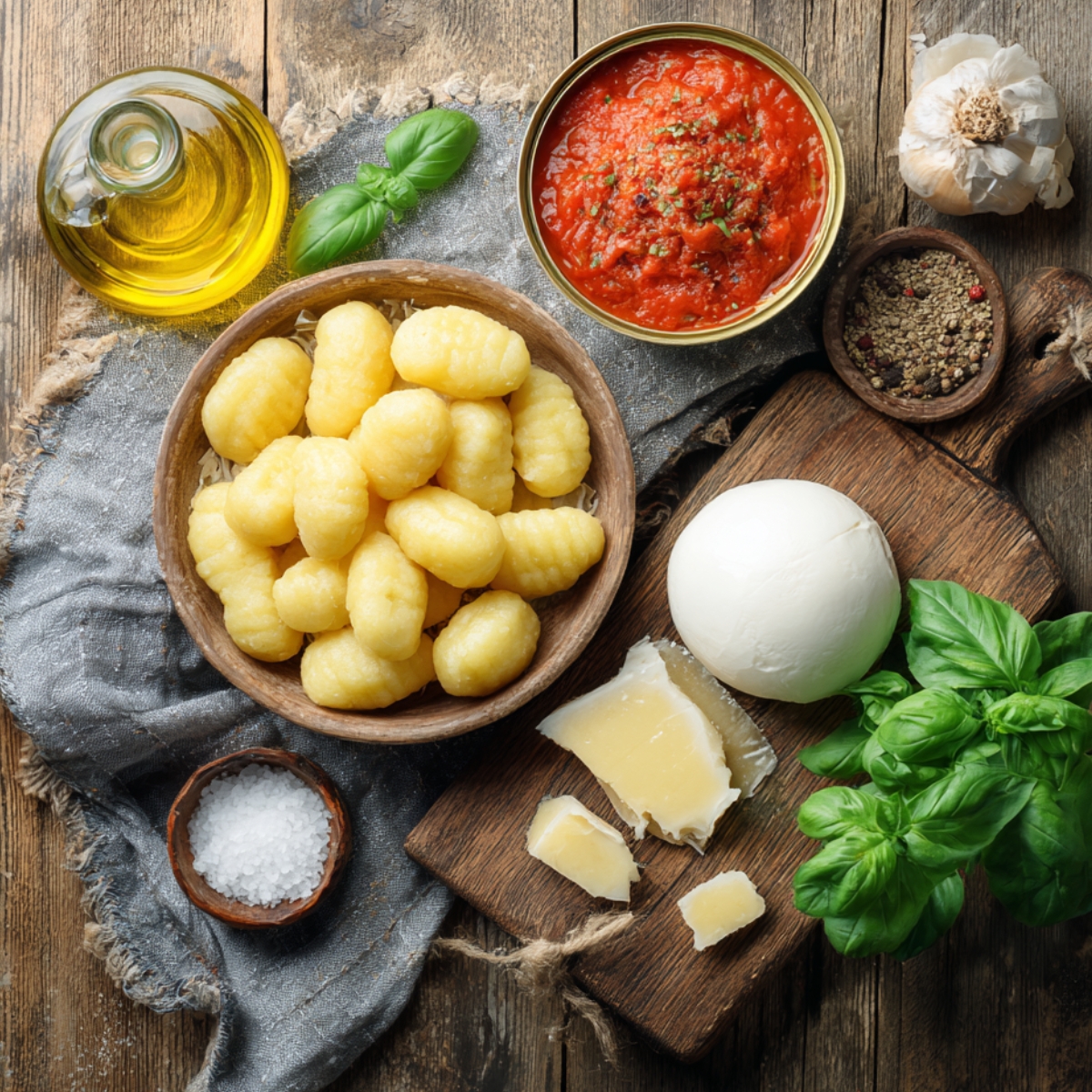 Ingredients for homemade tomato gnocchi with gnocchi, tomato sauce, mozzarella, Parmesan, basil, garlic, olive oil, salt, and pepper on a rustic wooden table.