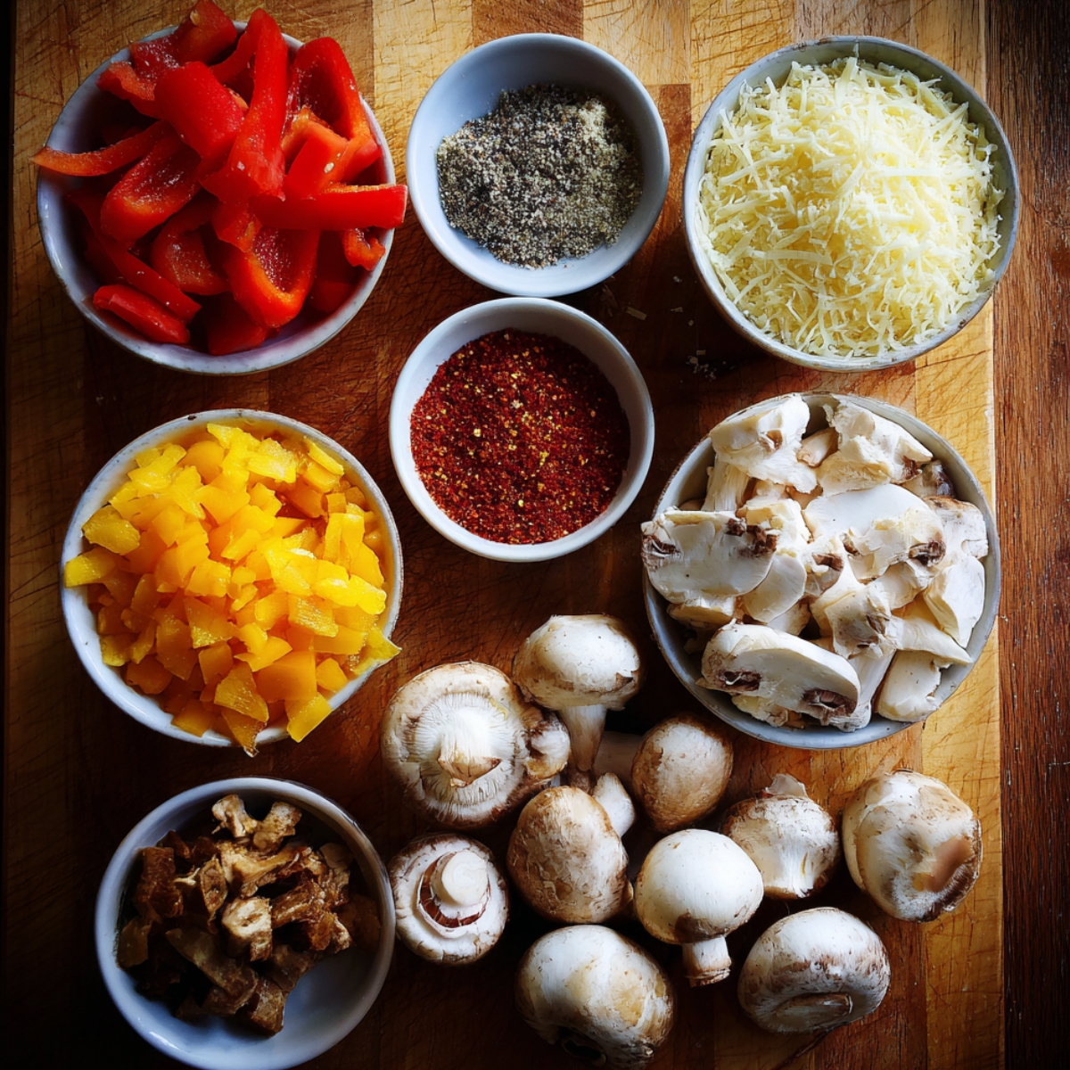 "Colorful variety of optional ingredients for pepperoni pizza quesadillas: sliced red and yellow bell peppers, mushrooms, shredded cheese, ground pepper, chili flakes, and diced mushrooms on a wooden surface."
