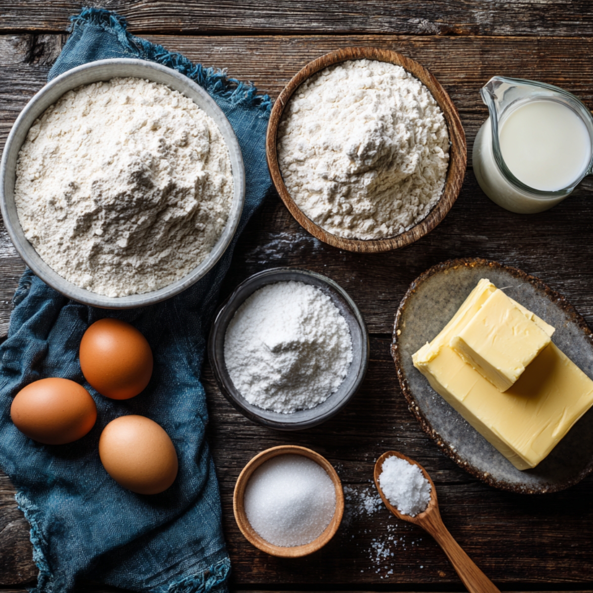 Rustic wooden table with bowls of flour, a pitcher of milk, three brown eggs on a blue cloth, butter, powdered sugar, granulated sugar, and a spoon of salt—ingredients for homemade French beignets.
