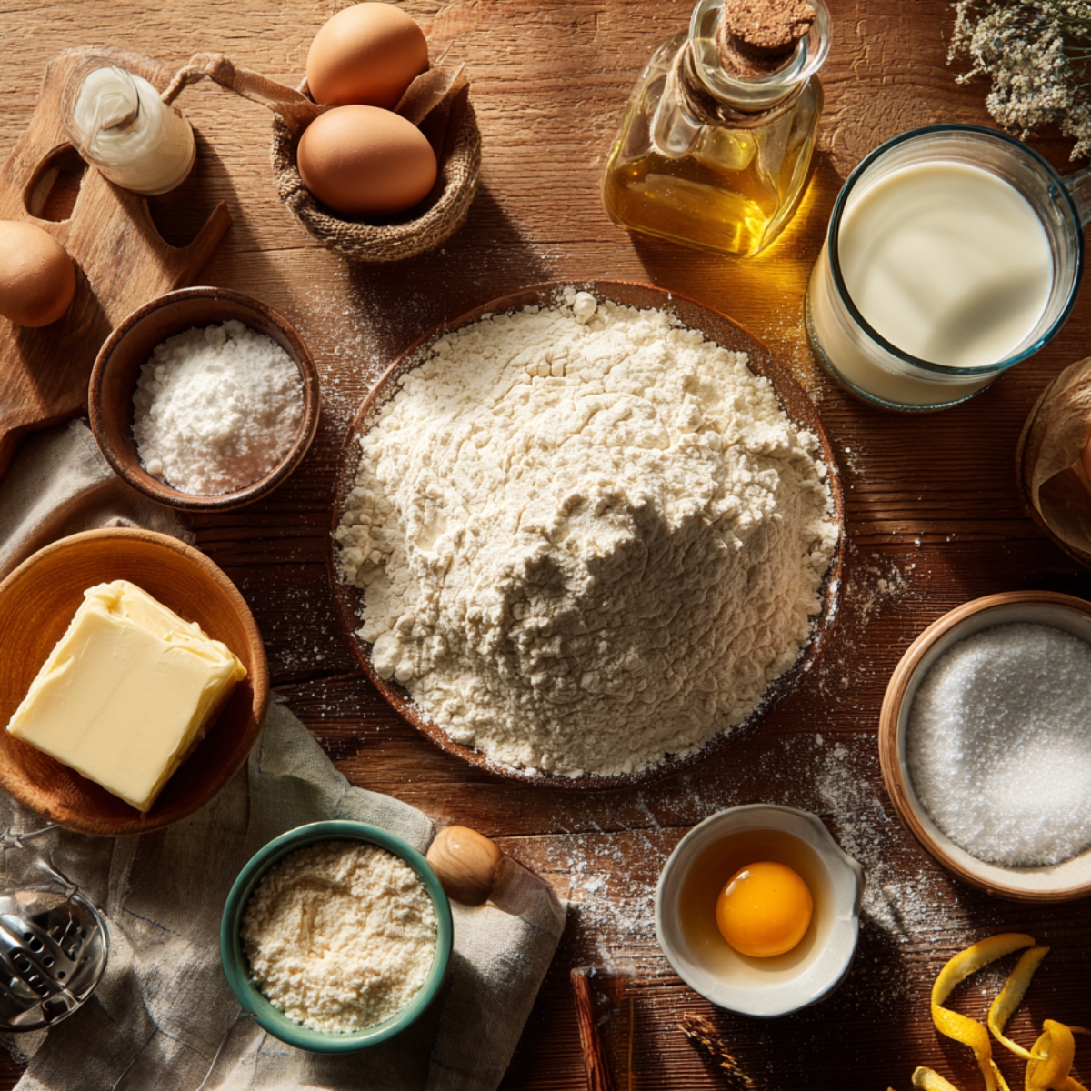 Rustic wooden table with ingredients for homemade French beignets: a mound of flour in a bowl, a glass of warm milk, sugar, butter, eggs (whole and cracked), powdered sugar, nutmeg, vanilla, lemon zest, and a bottle of oil, lightly dusted with flour for a cozy kitchen feel.