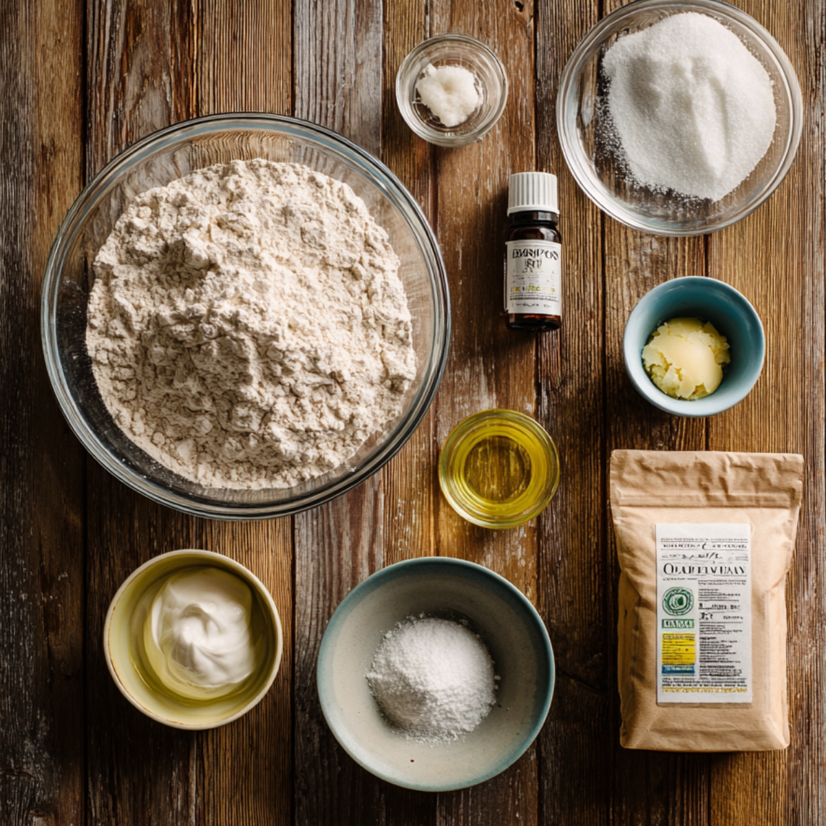 Overhead shot of lemon meringue pie ingredients on a rustic wooden table, including bowls of flour, sugar, butter, oil, yogurt, salt, coconut oil, a bottle of extract, and a paper bag of flour.