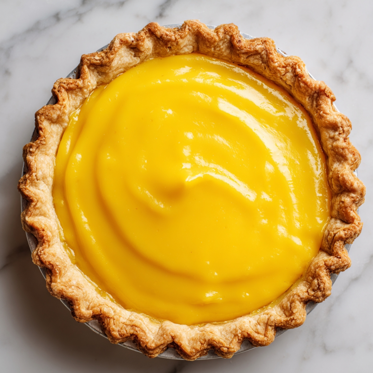 Homemade lemon meringue pie with a golden crust and smooth, glossy yellow lemon curd filling on a marble countertop.