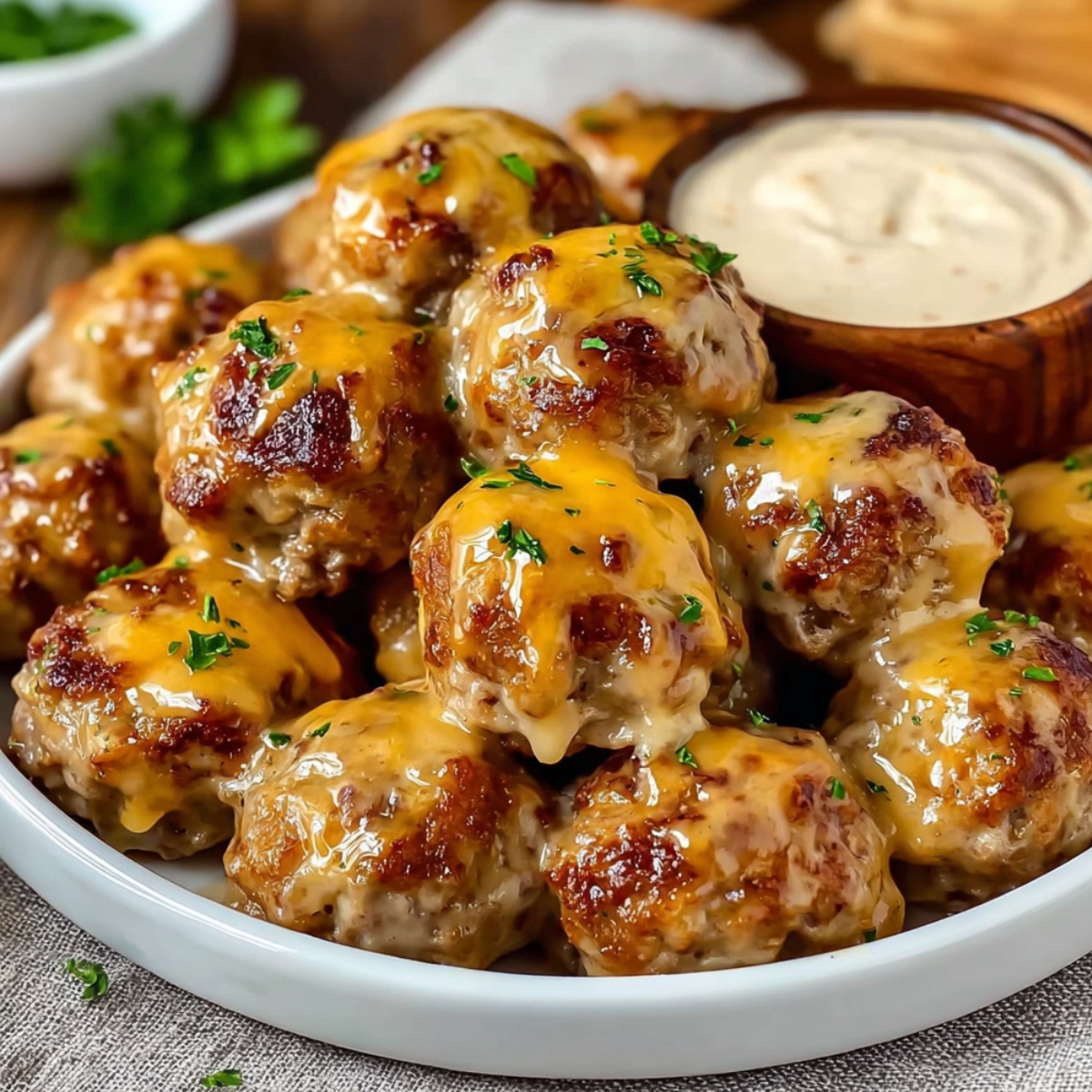 Rotel Cream Cheese Sausage Balls on a white plate, golden brown with melted cheddar and parsley, served with a wooden bowl of dipping sauce.