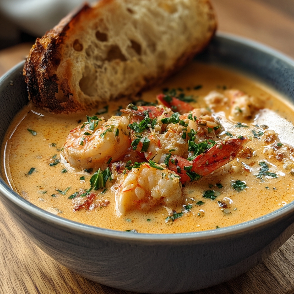 Seafood bisque in a gray bowl with shrimp, parsley garnish, and crusty bread on the side.