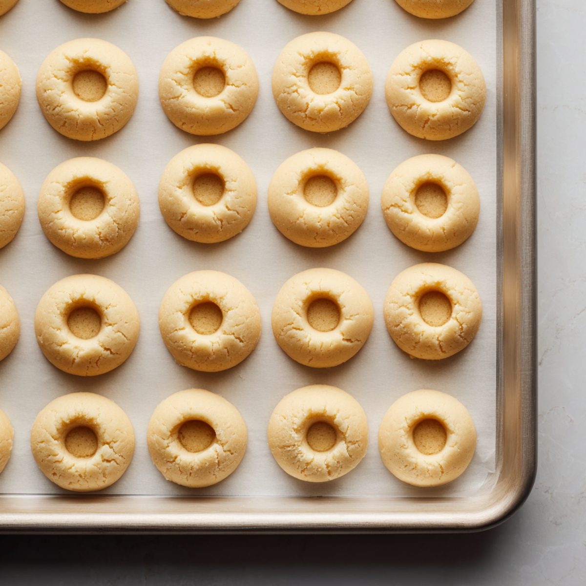 Unbaked Raspberry Thumbprint Cookies on a parchment-lined baking sheet, golden dough rounds with thumbprint indentations in the center.