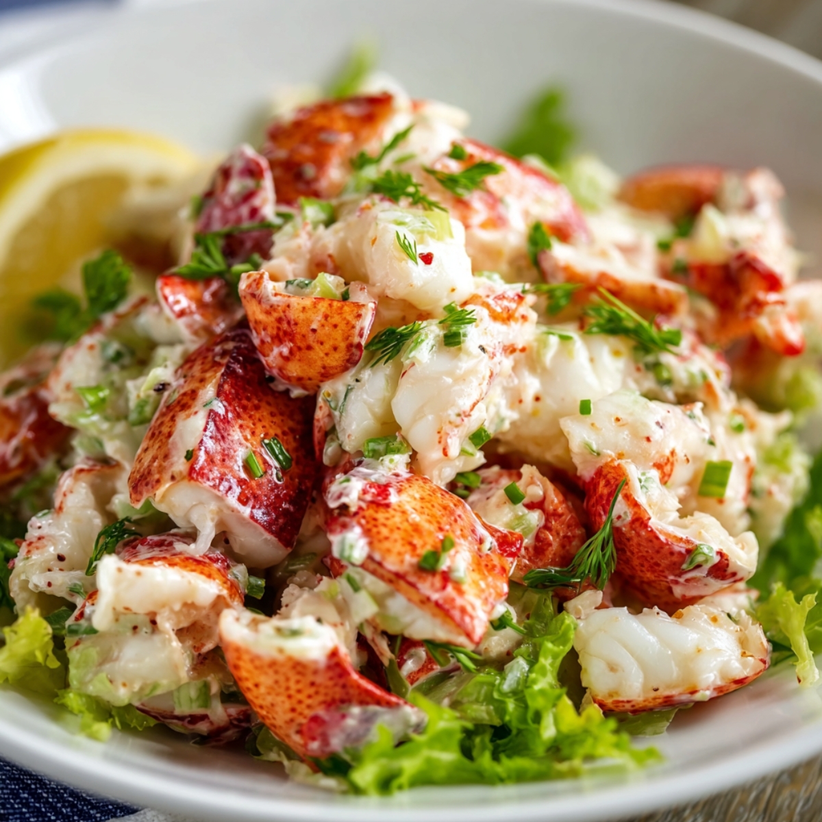 Homemade lobster salad with chunky lobster meat tossed in creamy dressing, fresh herbs, and celery, served on crisp lettuce with a lemon wedge.