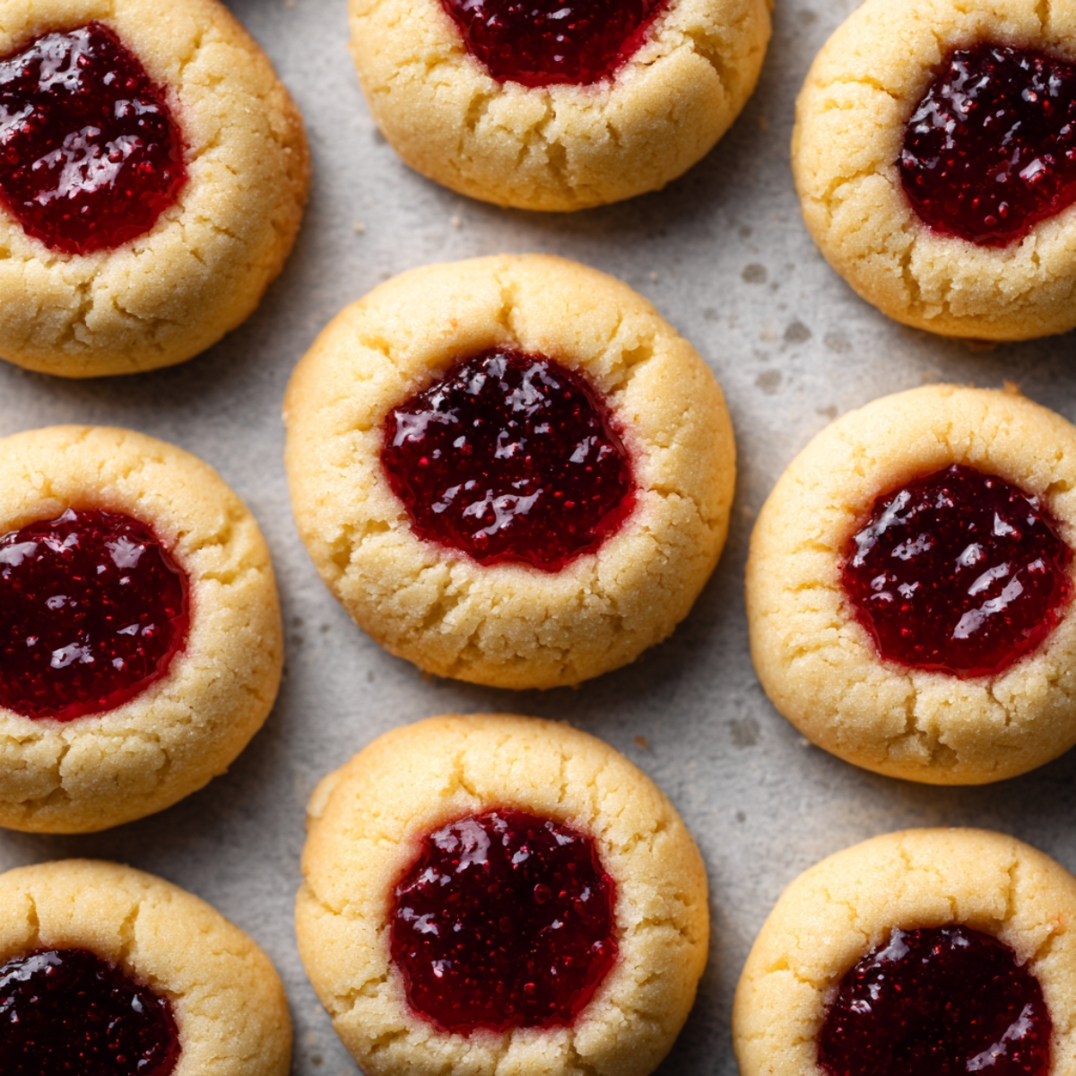 Freshly baked Raspberry Thumbprint Cookies with golden shortbread and glossy red jam centers on a baking sheet.