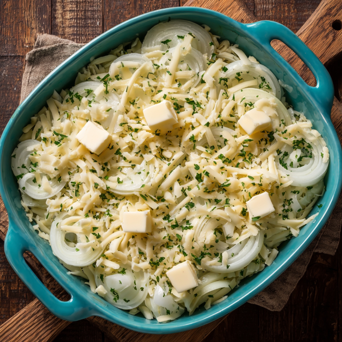 Baking dish filled with sliced onions, shredded cheese, butter cubes, and parsley, ready to bake on a wooden table.