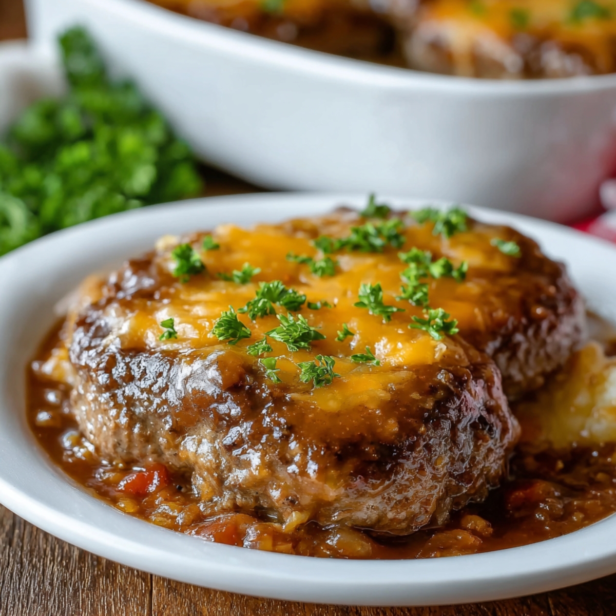 Homemade Amish hamburger steak bake topped with melted cheddar cheese and rich brown gravy, garnished with parsley and served over mashed potatoes on a white plate.