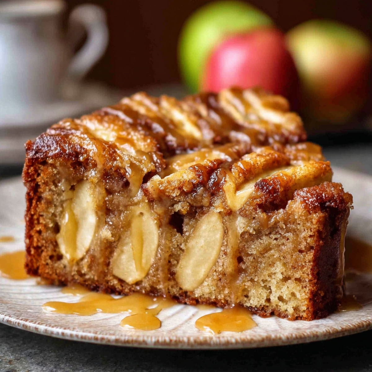 Apple Cinnamon Cake drizzled with caramel sauce, showing tender apple pieces and a golden, moist crumb.