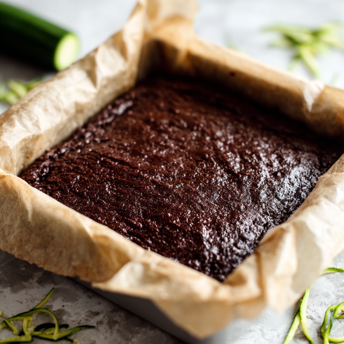 A pan of freshly baked homemade chocolate zucchini brownies in parchment paper, with a moist, glossy surface and bits of zucchini visible on a gray countertop.