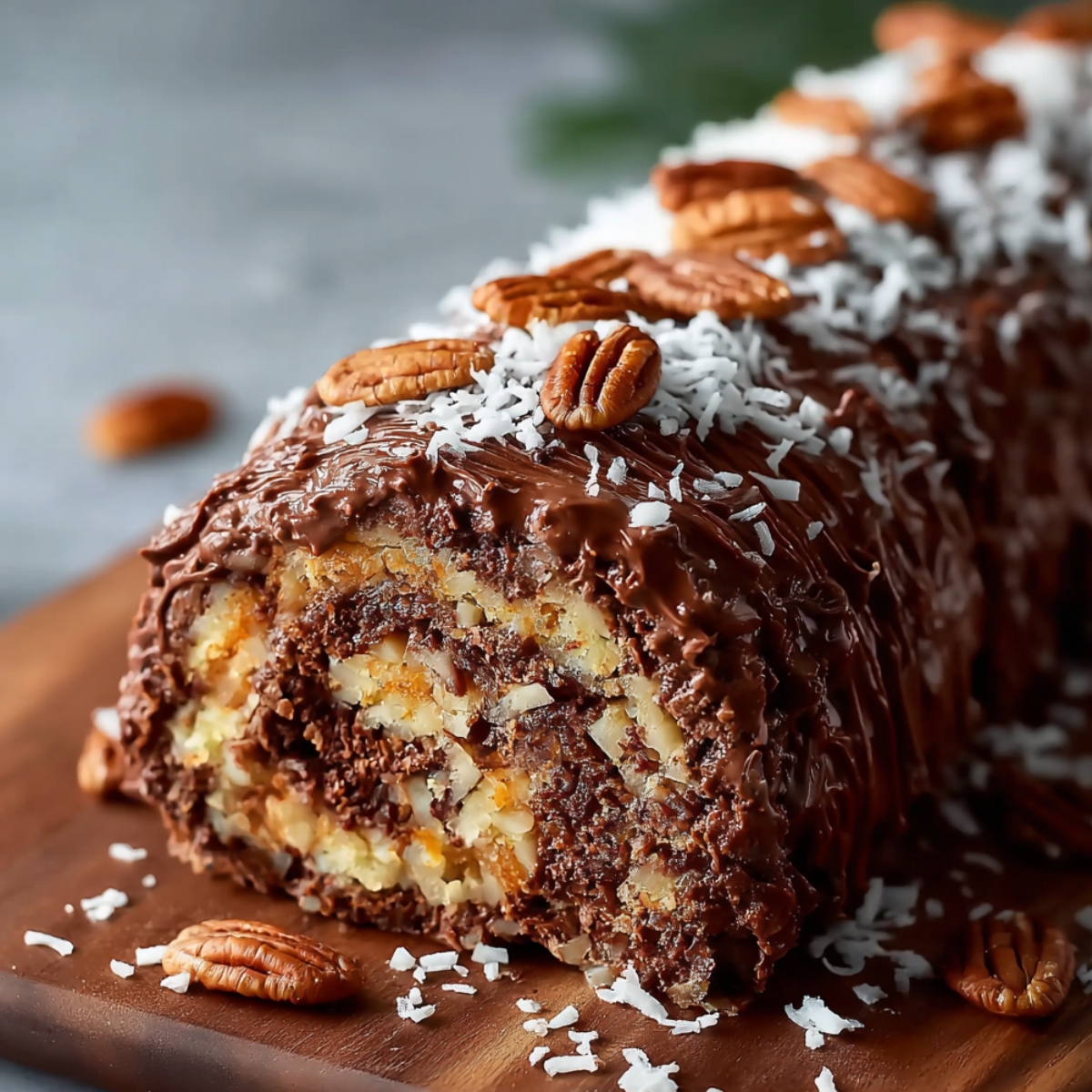 Homemade German Chocolate Cake Roll topped with chocolate ganache, shredded coconut, and chopped pecans, showing a rich chocolate and coconut swirl inside on a wooden board.