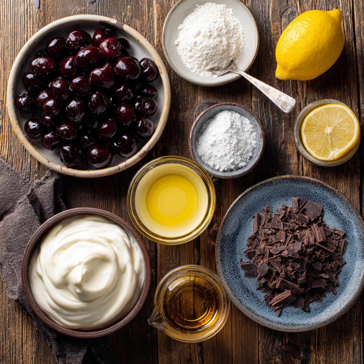 Homemade Black Forest Cheesecake ingredients on a rustic wooden table — bowls of dark cherries, chopped chocolate, cream cheese, flour, powdered sugar, lemon halves, melted butter, and vanilla extract, arranged naturally with warm lighting.