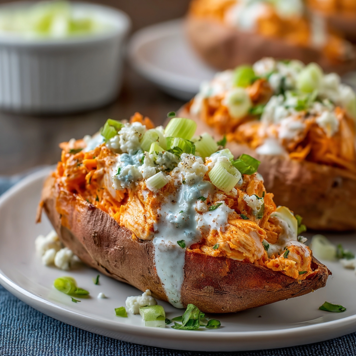 Buffalo chicken stuffed sweet potatoes topped with ranch, blue cheese, and green onions on a white plate, warm natural light, homemade and fresh.