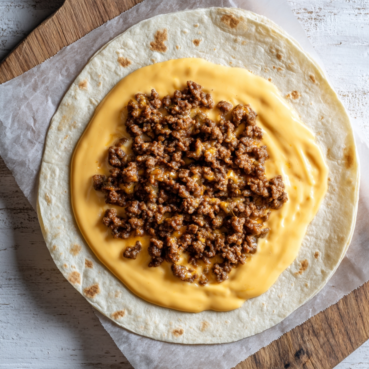 Homemade Crunchwrap Supreme being built with nacho cheese and seasoned beef on a flour tortilla over parchment paper in natural light.