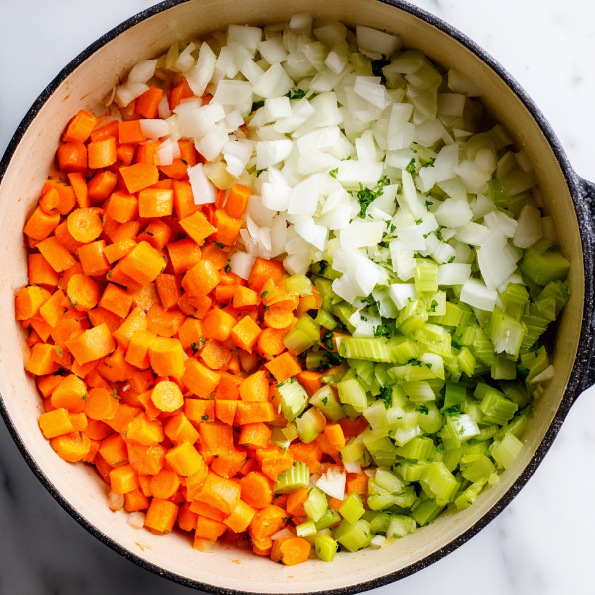 Chopped carrots, onions, and celery arranged neatly in a pot, ready to cook for homemade chicken soup — fresh, colorful, and natural kitchen prep scene.